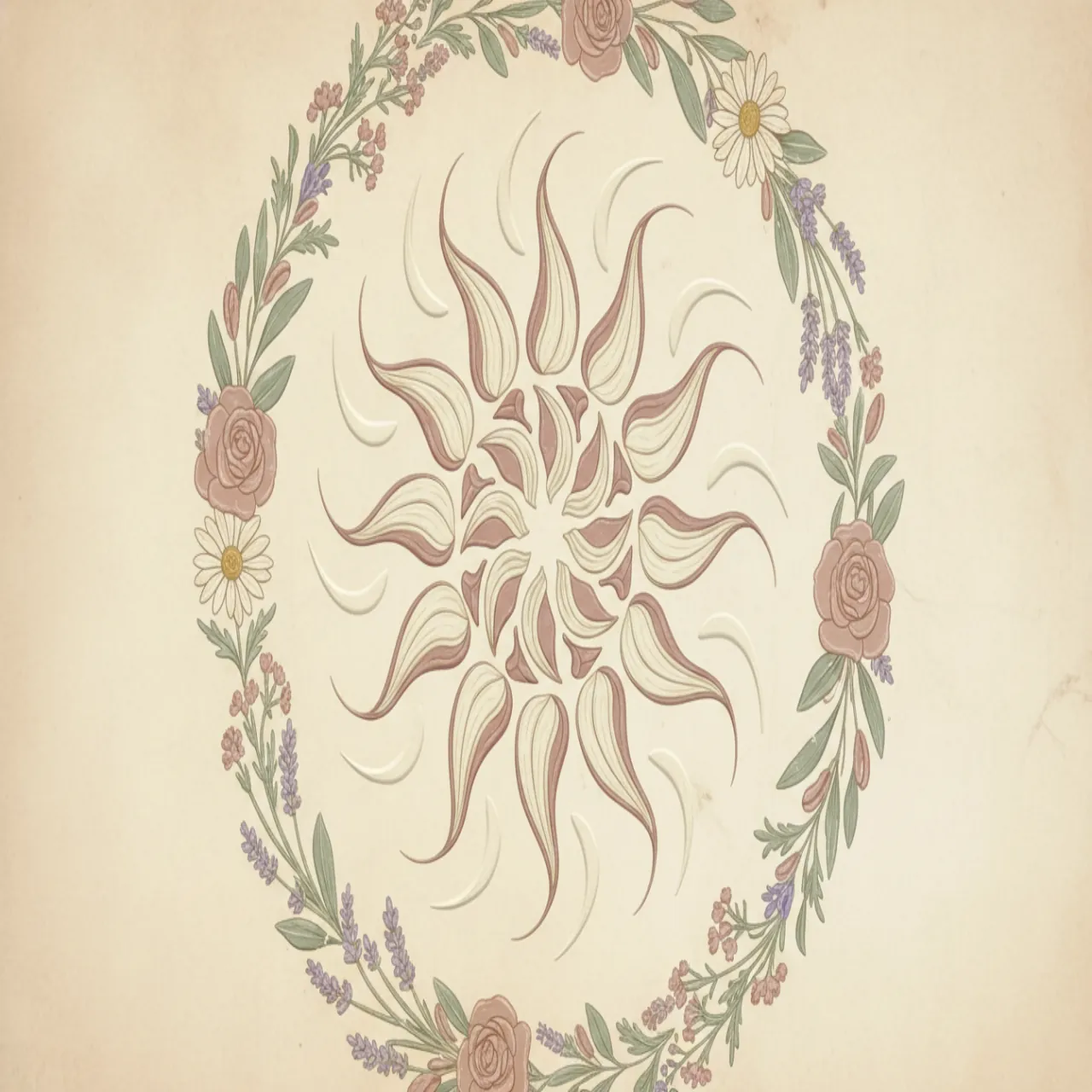 A sunflower bowing at dusk with seeds falling to moss, soft botanical palette of cream, dusty rose, and sage.