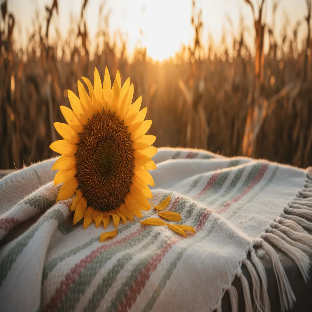 Girasol en un campo al atardecer, pétalos cayendo sobre un textil tejido en crema, rosa polvo y salvia.