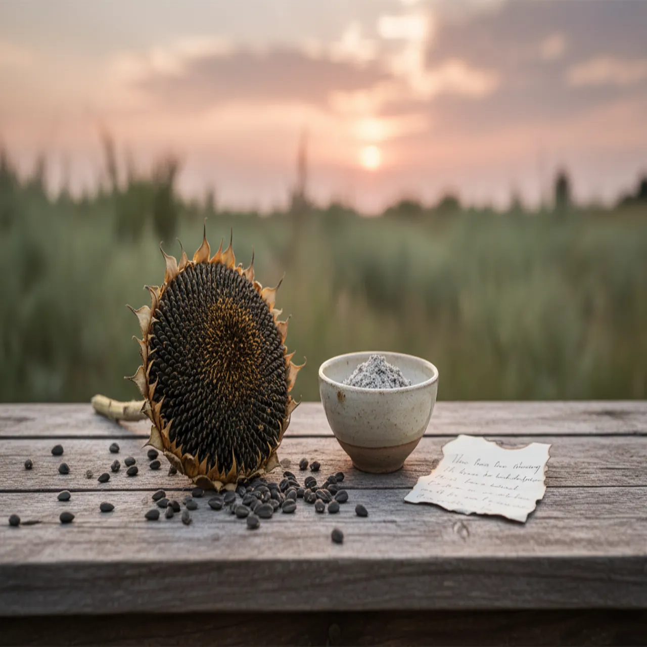 Naturaleza muerta con girasol seco, papel quemado y un cuenco de cerámica sobre madera rústica al atardecer. Colores crema, rosa polvo y salvia.