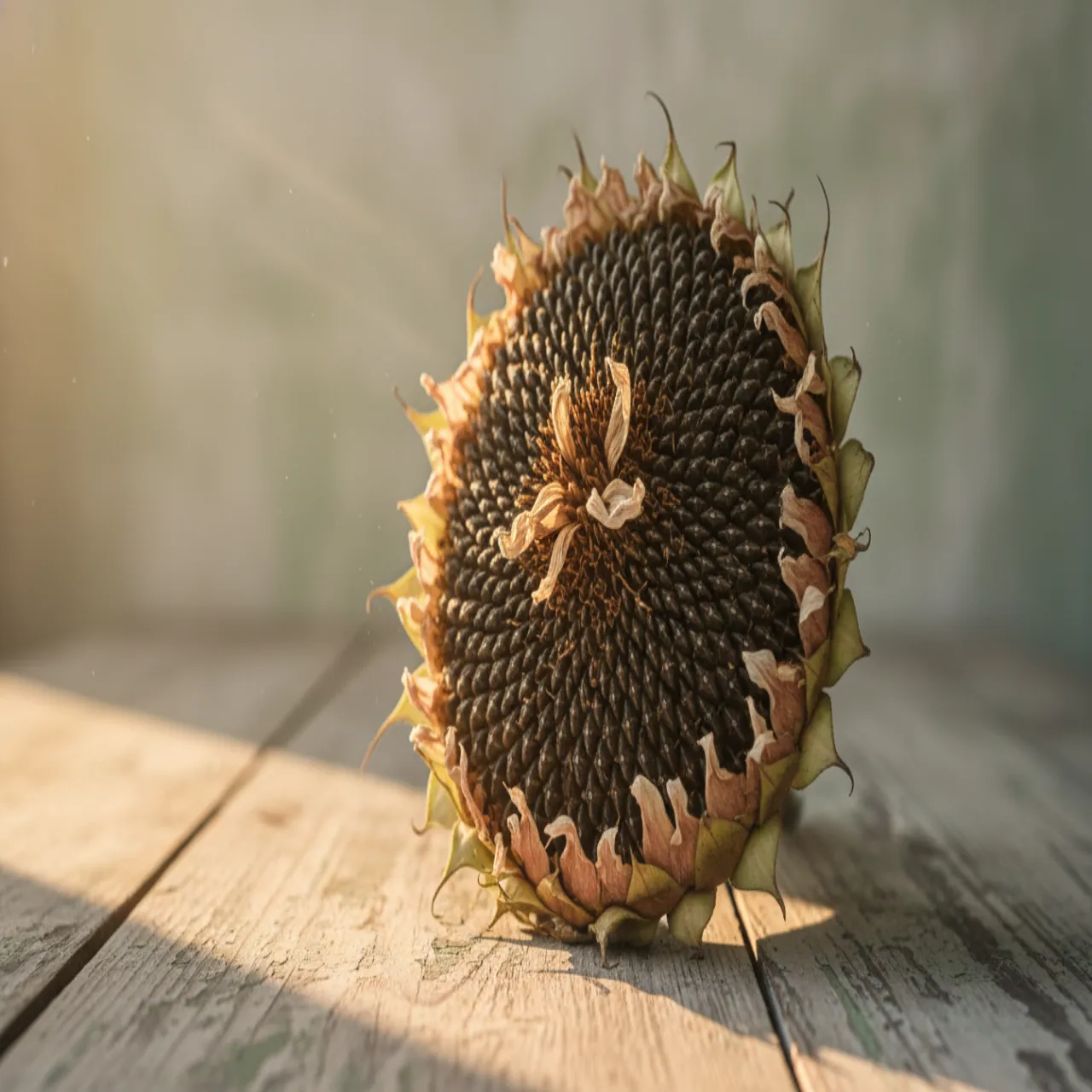 Un girasol seco sobre una mesa de madera, con luz cálida de atardecer. Colores crema, rosa polvo y salvia.
