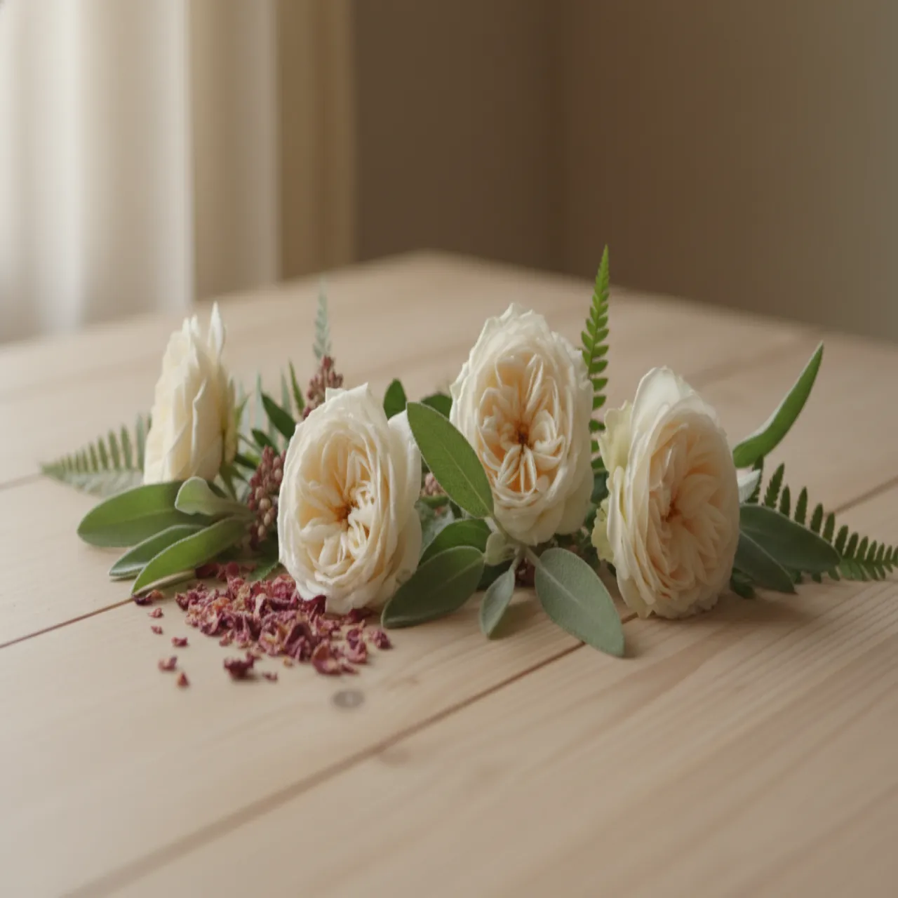 Natura morta botanica con fiori color crema, petali rosa polvere e foglie salvia su fondo chiaro.