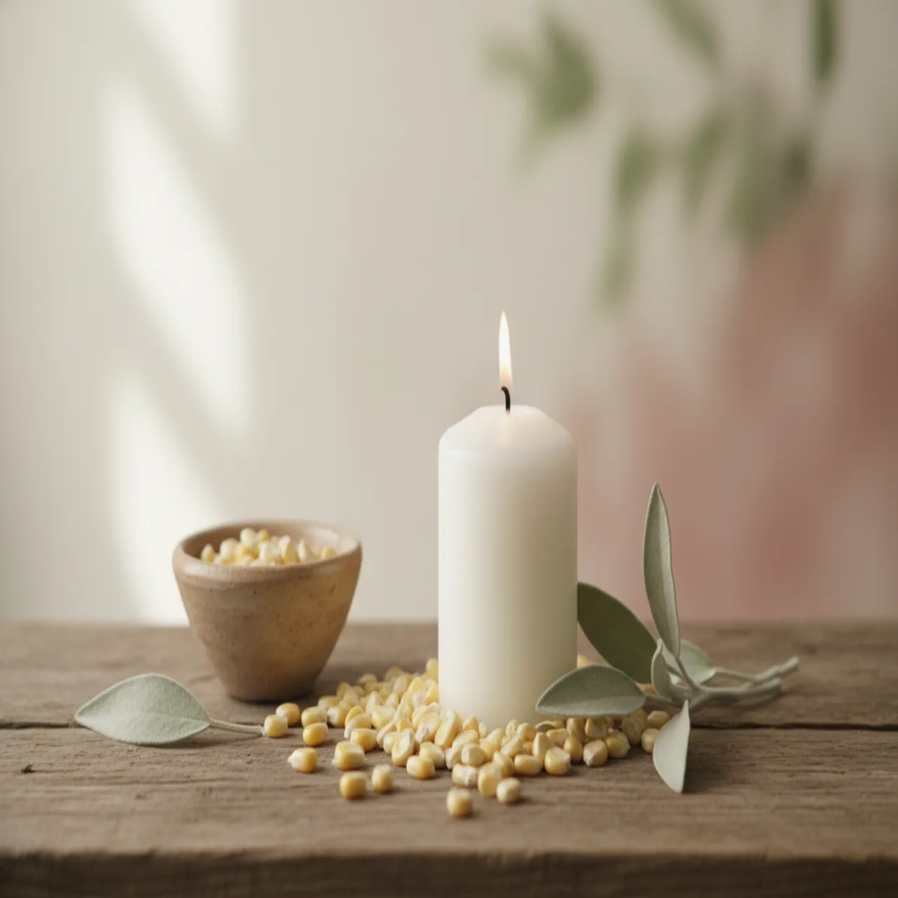 Natura morta botanica con candela bianca, chicchi di mais e foglie di salvia su legno, tonalità crema e rosa polveroso.
