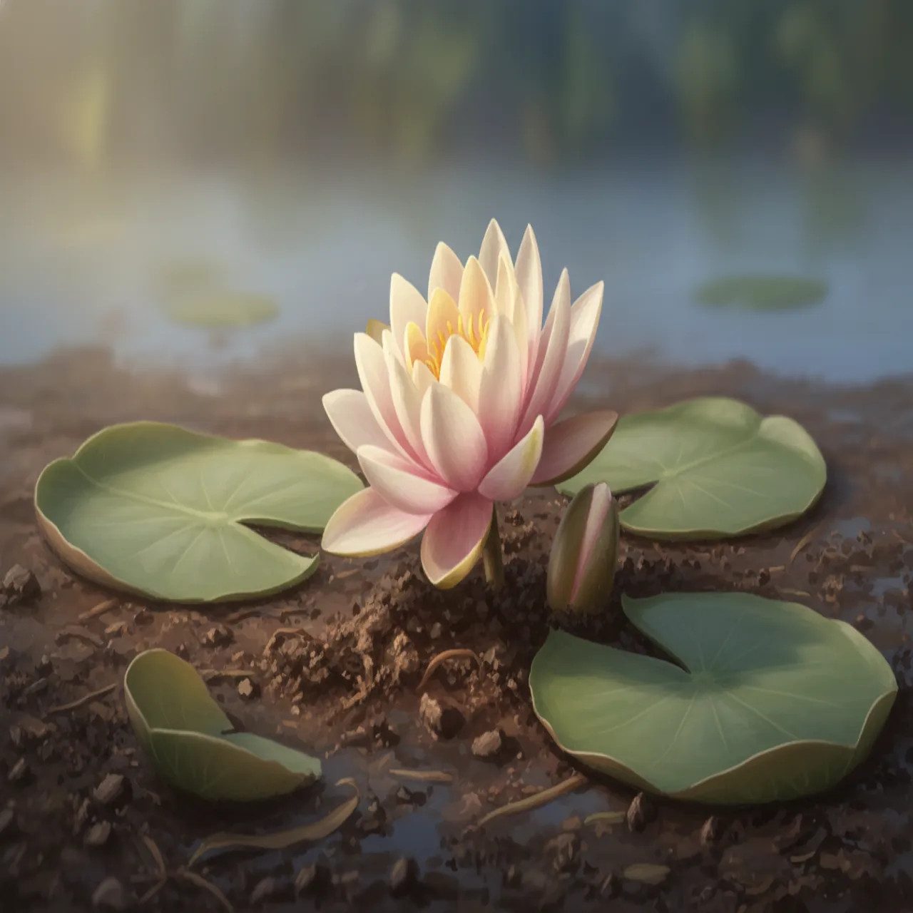 Sanfte botanische Illustration einer Wasserlilie, die aus dunklem Schlamm wächst, in Cremetönen, Altrosa und Salbeigrün, Morgenlicht von Osten.