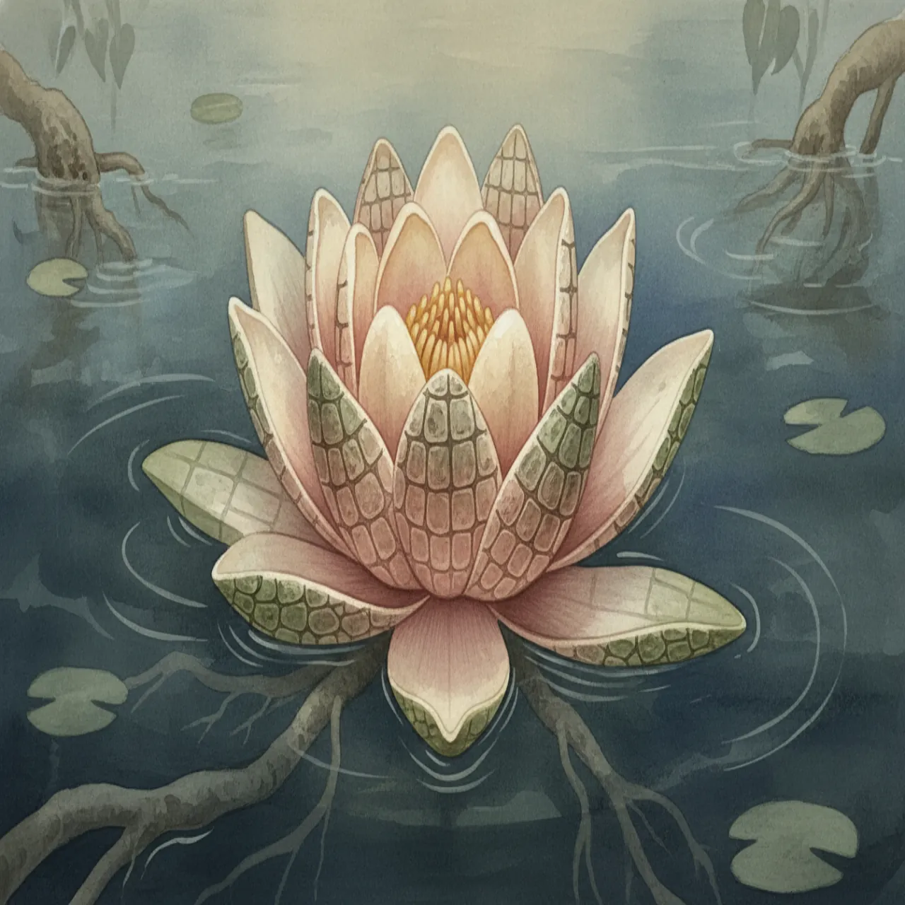 Imix water lily and still water botanical scene.