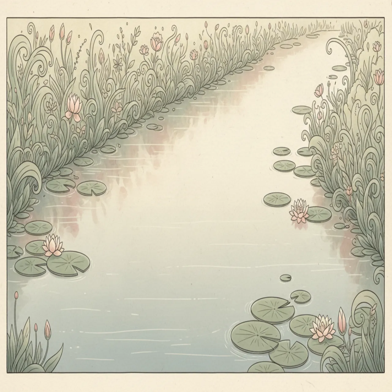 Illustrazione botanica morbida di un fiume all'alba, con ninfee e foglie di ninfea. Palette crema, rosa polvere e salvia.