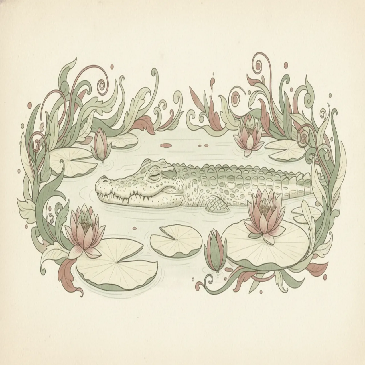 Illustration botanique douce d'un crocodile émergeant d'un étang calme entouré de nénuphars, tons crème, rose poussiéreux et vert sauge