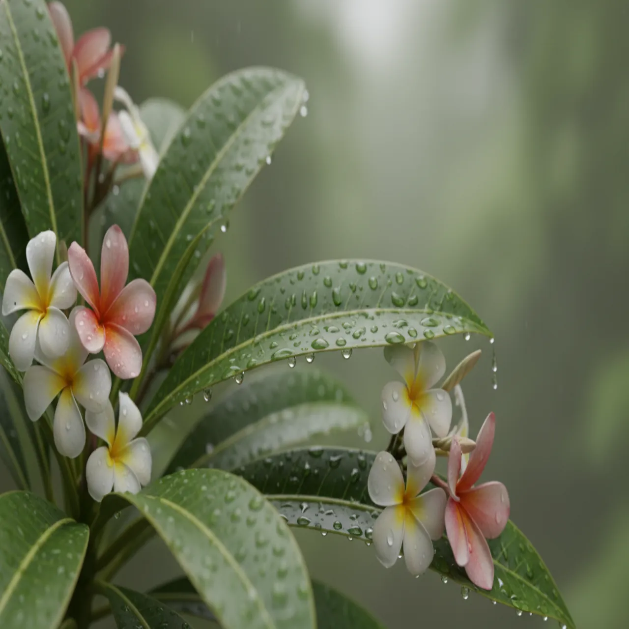 Gouttes de pluie sur des feuilles tropicales, fond vert sauge et rose poussiéreux, lumière douce, ambiance de purification