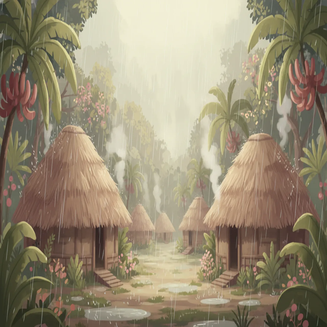 Illustration douce d'un orage apaisant au-dessus d'un village maya traditionnel aux toits de chaume, dans des tons crème, rose poussière et vert sauge.