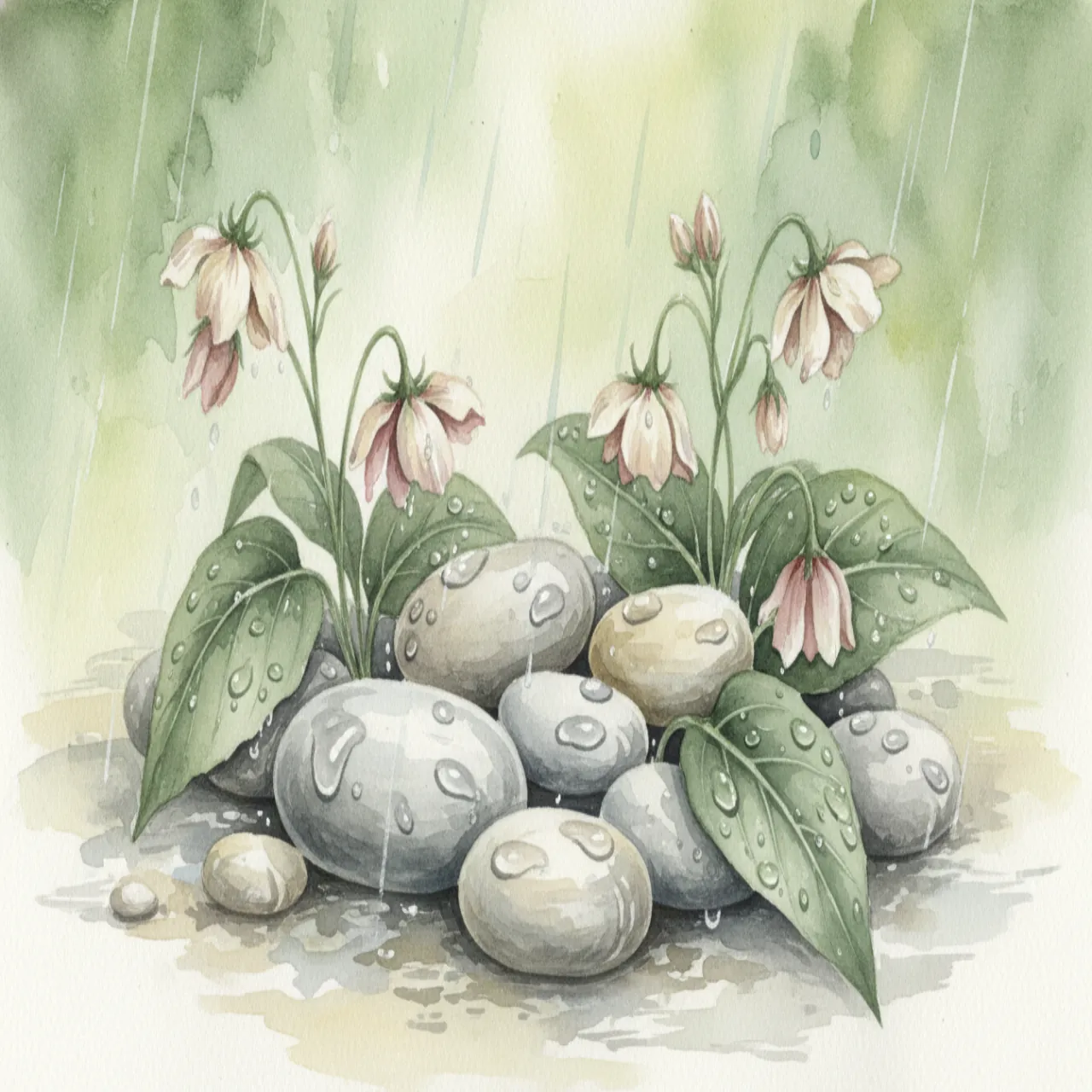 Ilustración suave de una lluvia ligera sobre un círculo de piedras de río, con flores color crema y rosa polvo entre ellas, hojas de salvia goteando agua.