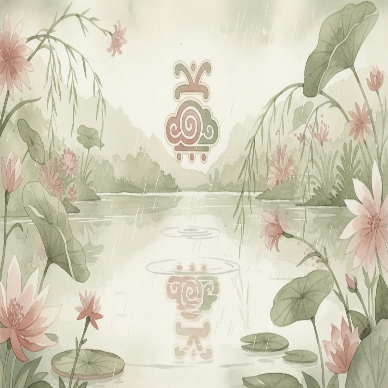 Glifo maya di Kawak sospeso su un lago sotto una pioggia leggera, palette botanica in crema, rosa polvere e salvia.