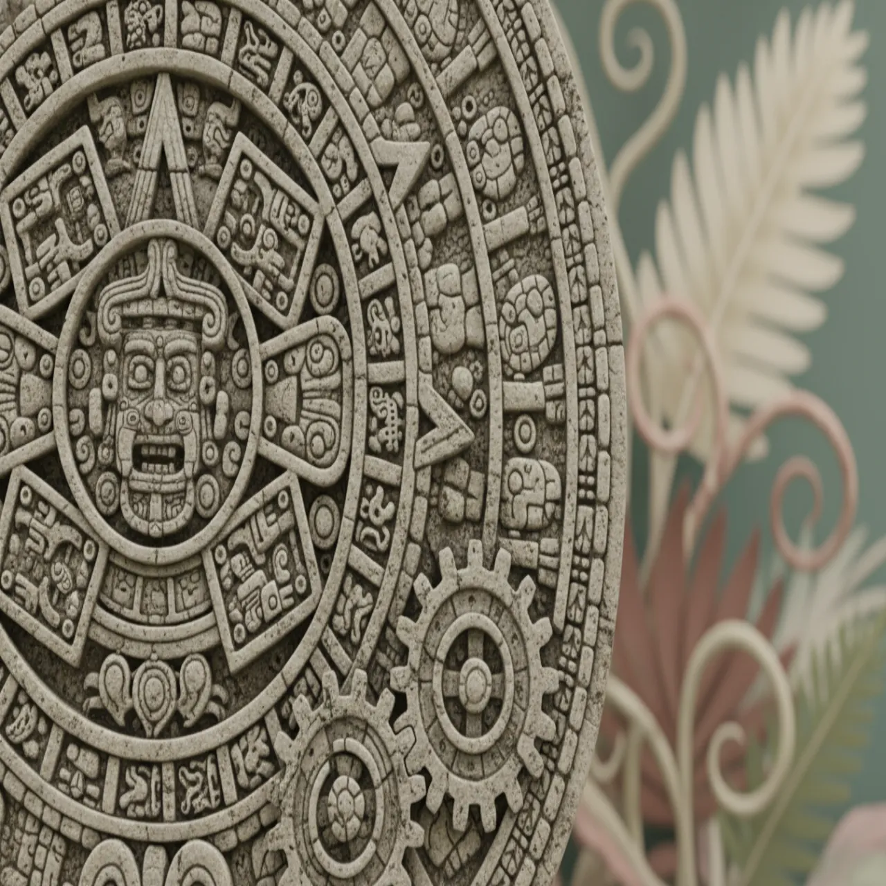 Ruota del calendario maya in pietra con due ingranaggi che si incastrano, su sfondo botanico pastello.