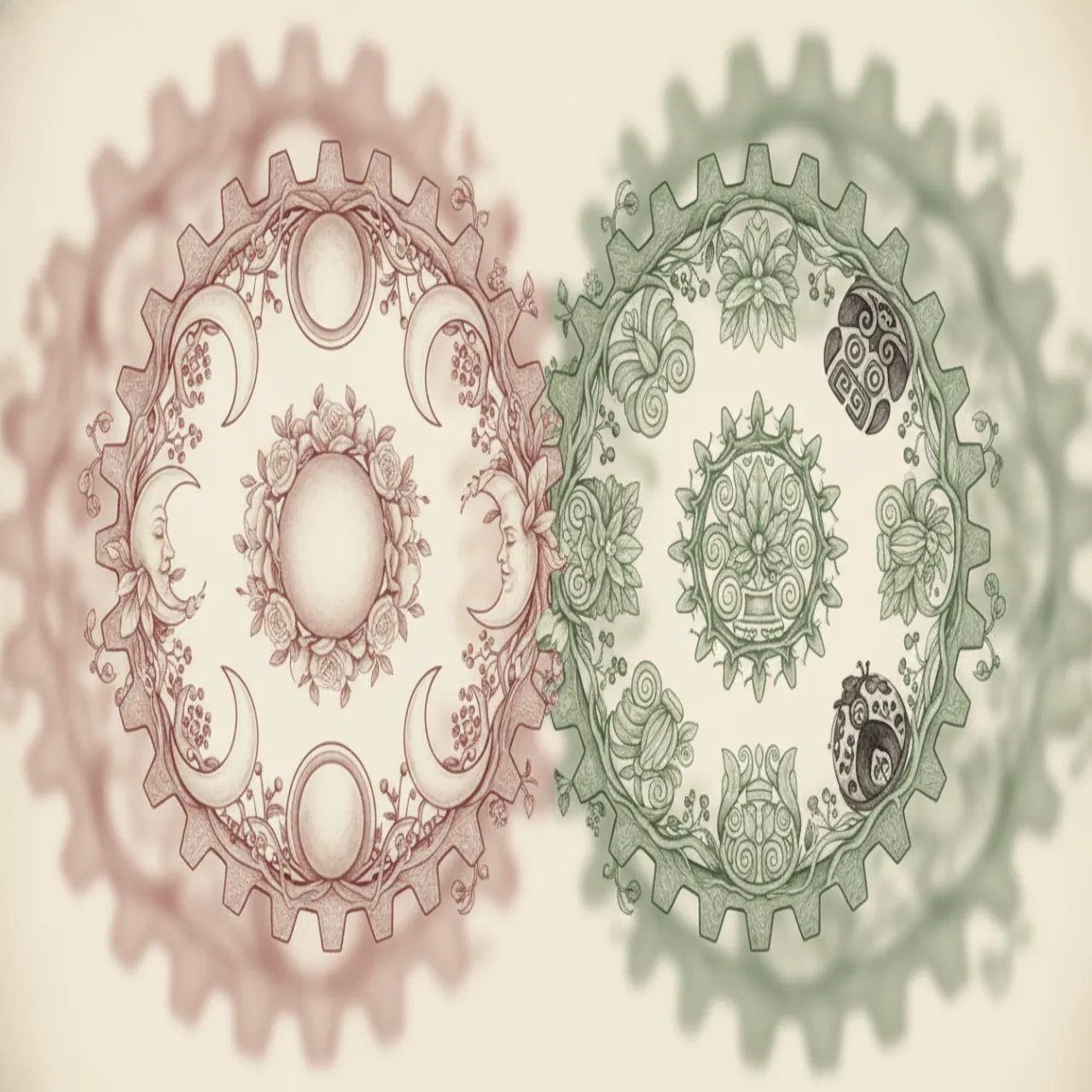 Deux roues dentées s'emboîtent : l'une avec des phases de lune, l'autre avec des glyphes mayas. Fond botanique doux, tons crème, rose poussière et sauge.
