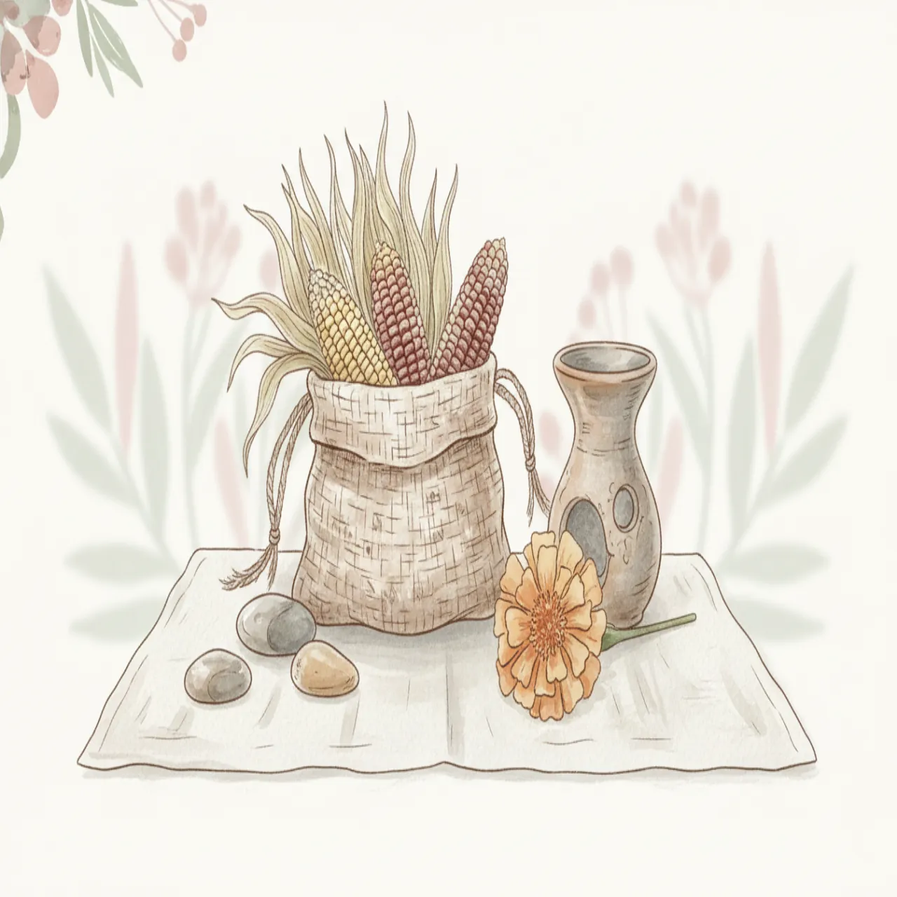Sanfte botanische Illustration mit den Werkzeugen eines Maya-Taghüters: ein gewebter Beutel, Maiskolben, Flusssteine und eine Ringelblume auf cremefarbenem Leinen.
