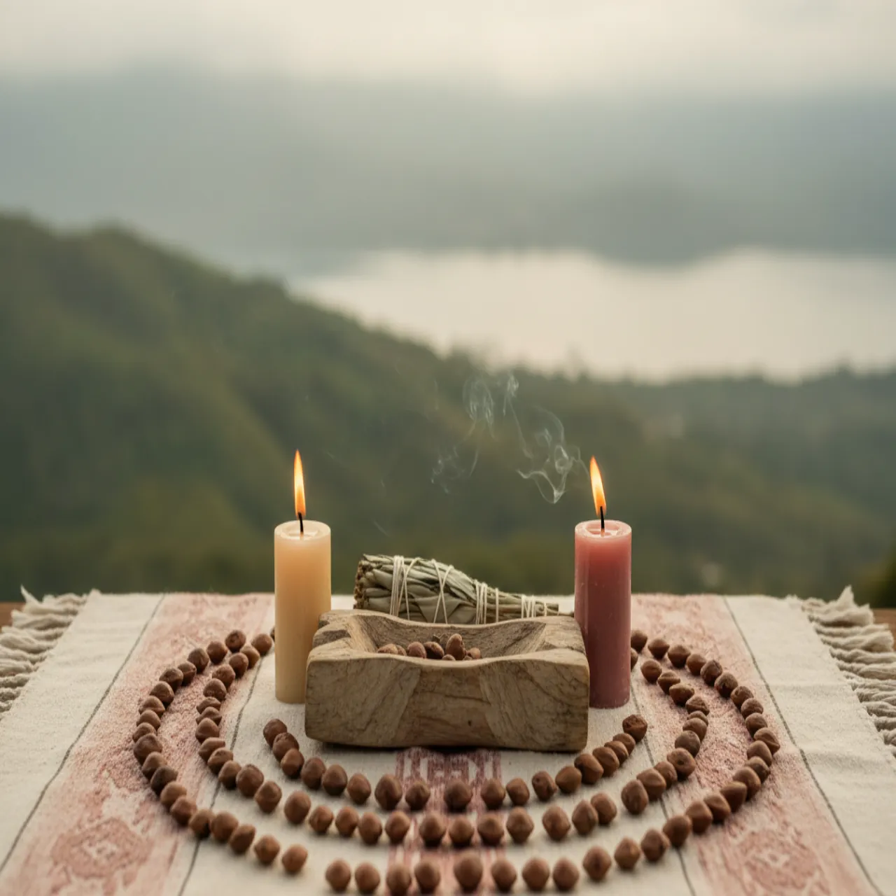 A small Maya altar with tz'ite seeds, candles, and sage on a woven cloth, set against misty highland hills.