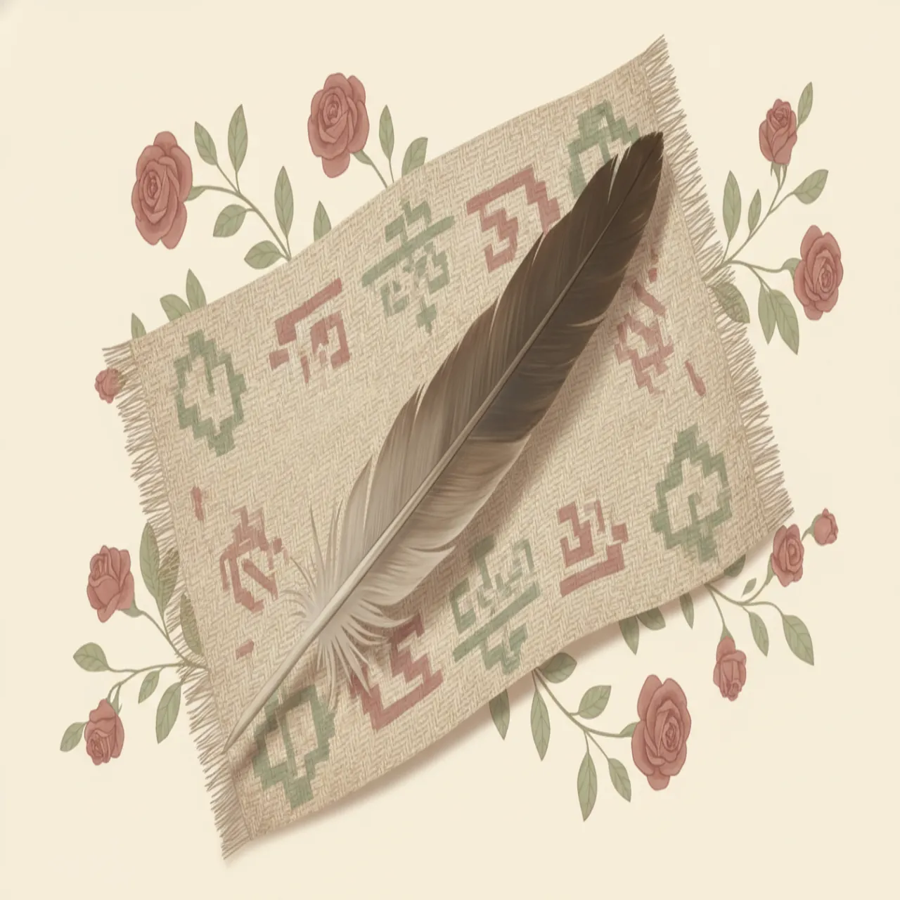 Weiche botanische Illustration einer Adlerfeder auf einem gewebten Tuch in Cremetönen, Staubrose und Salbeigrün, ohne Menschen oder Text.