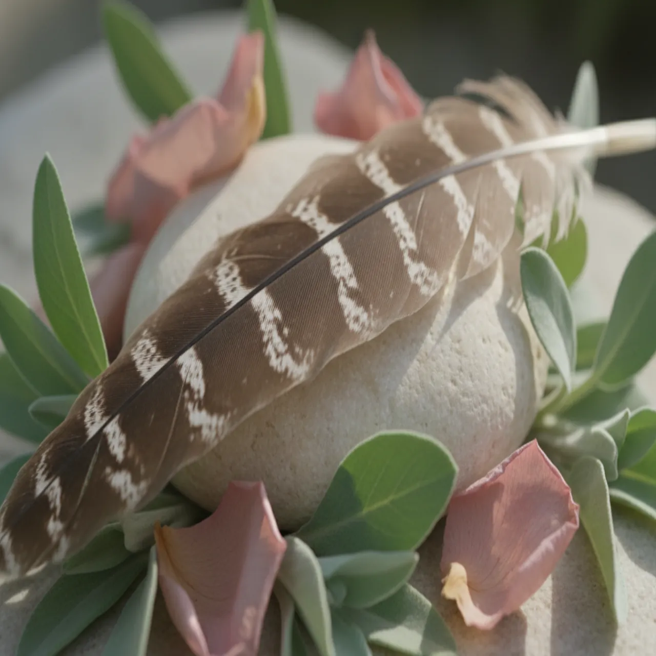 Piuma d'aquila su pietra chiara con foglie di salvia e petali rosa polverosi.