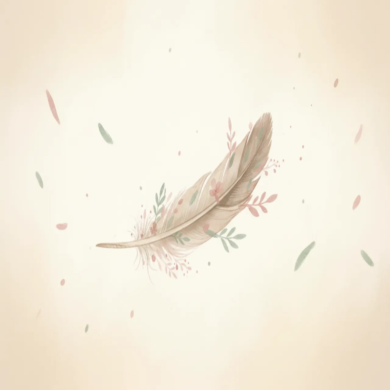 Soft botanical illustration of an eagle feather floating in a warm cream sky with dusty rose and sage green accents.