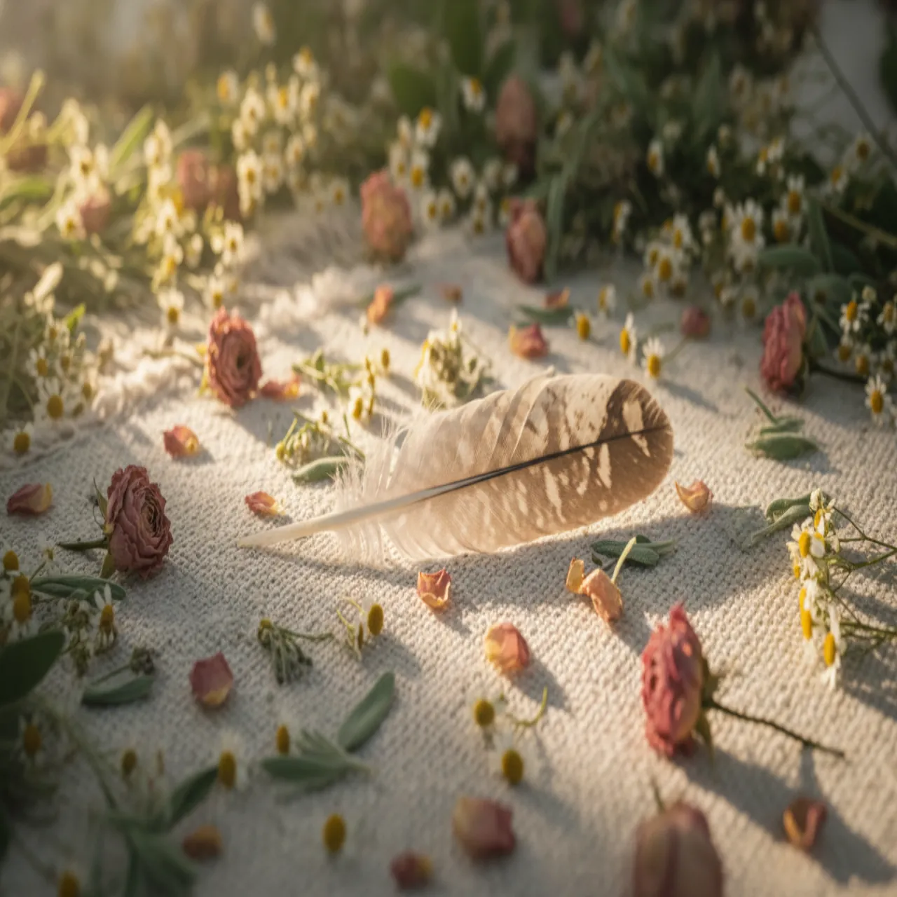 An eagle feather on a woven textile with wildflowers in soft botanical colors.