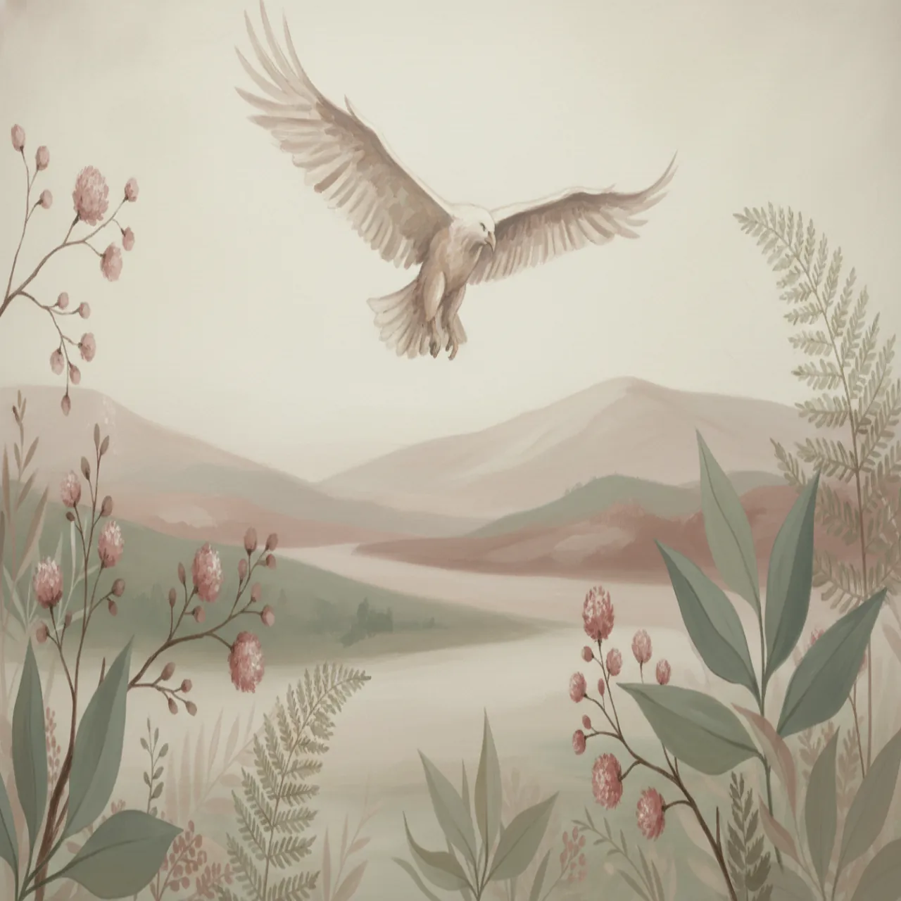 Paysage doux de montagnes en palettes crème, rose poussière et vert sauge. En arrière-plan, un grand aigle plane. Aucun texte ni personne. Aspect 16:9.