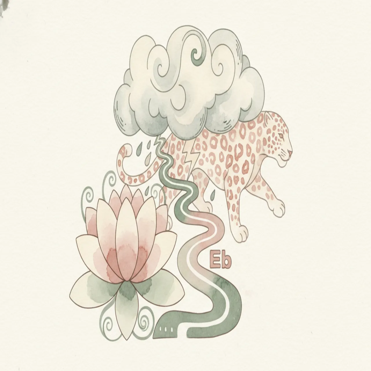 两株藤蔓交织，一株开奶油色花，一株开尘粉色花，鼠尾草绿叶背景，柔和晨光，水彩风格。