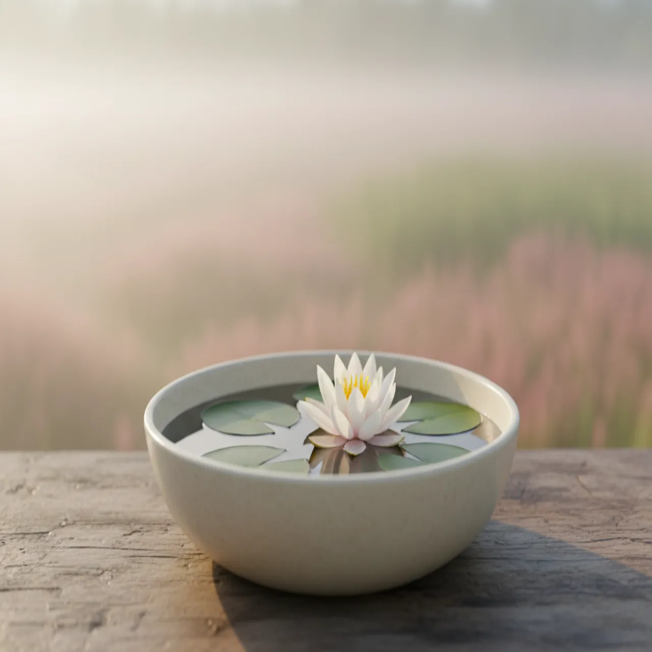 A bowl of water with a water lily at dawn, soft botanical scene in cream, dusty rose, and sage green.