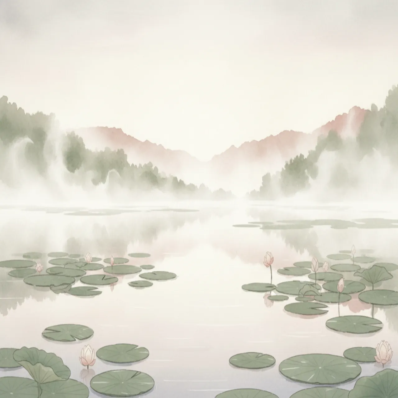 Sanfte botanische Illustration eines stillen Sees bei Sonnenaufgang mit Seerosen und Nebel in Cremetönen, Altrosa und Salbeigrün.