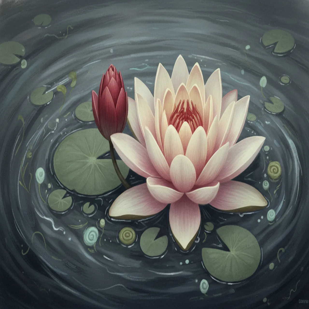 Ilustración botánica suave de un lirio de agua flotando en agua oscura primordial, con un capullo de loto rojo emergiendo. Paleta crema, rosa polvo y salvia. Sin personas ni texto.