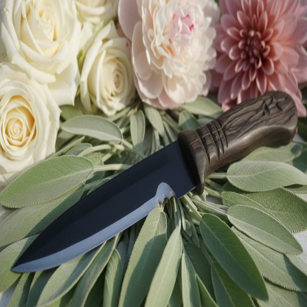 Cuchillo de obsidiana sobre hojas de salvia, con flores color crema y rosa polvo al fondo, estilo botánico suave.