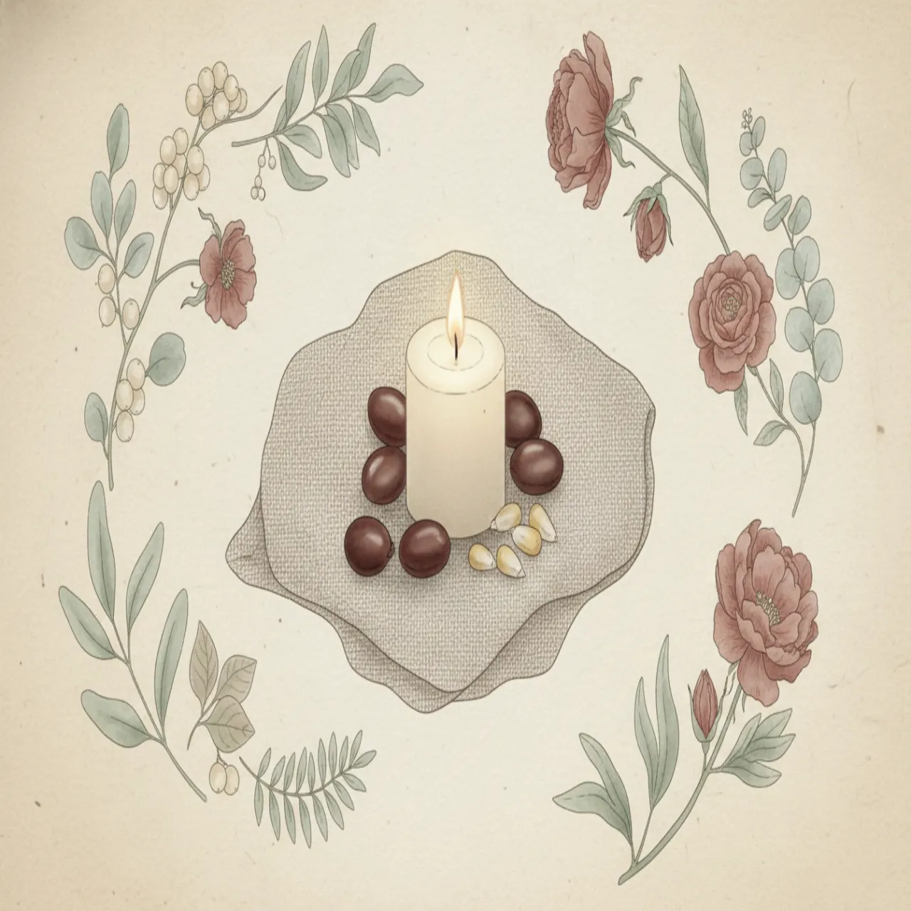 A candle on a woven cloth with tz'ite' seeds and corn kernels, soft botanical style in cream, dusty rose, and sage green.