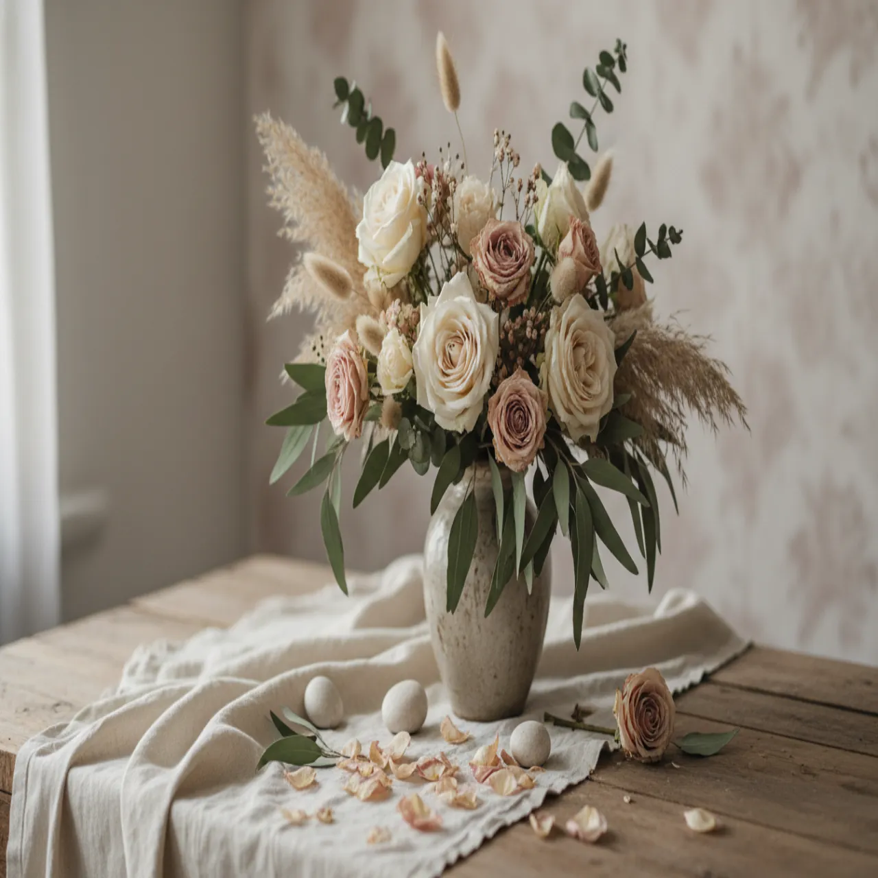 Soft botanical still life with cream flowers, dusty rose petals, and sage leaves on a light background, no people or text.