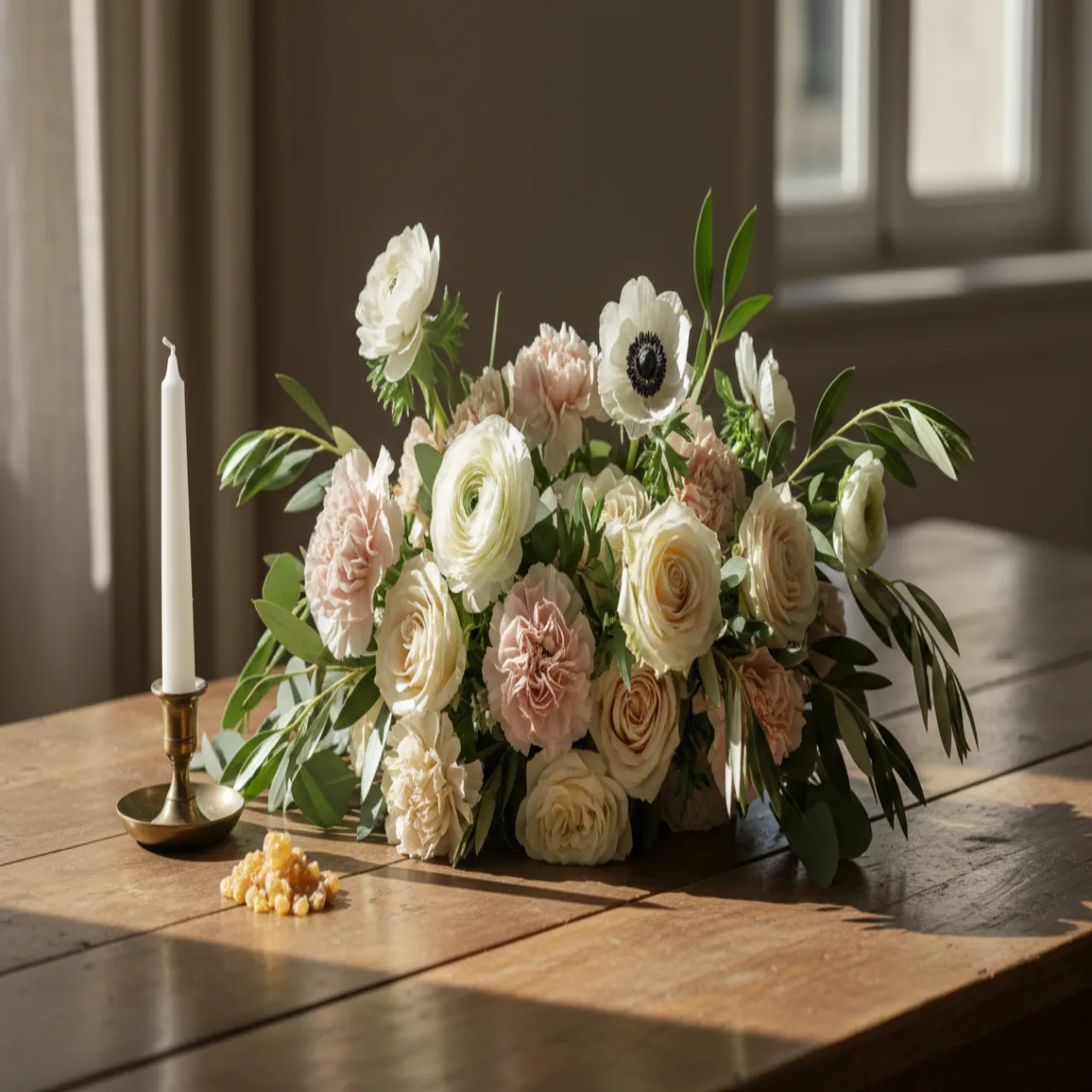 Naturaleza muerta con flores crema y rosa polvo, hojas de salvia, una vela blanca y copal sobre madera rústica. Luz cálida de tarde.