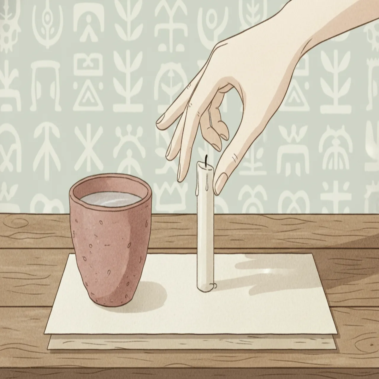 Nature morte : main posant une bougie blanche sur une table en bois près d'une tasse d'eau et d'un papier plié, motifs maya en arrière-plan, tons crème et rose poussière.