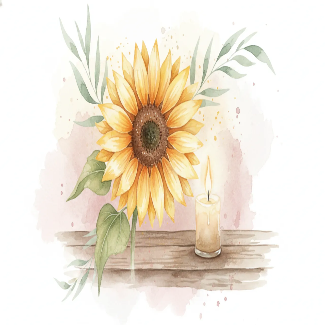 Illustration botanique douce d'un tournesol jaune et d'une bougie sur une table en bois, tons crème, rose poussiéreux et vert sauge, sans personne ni texte.