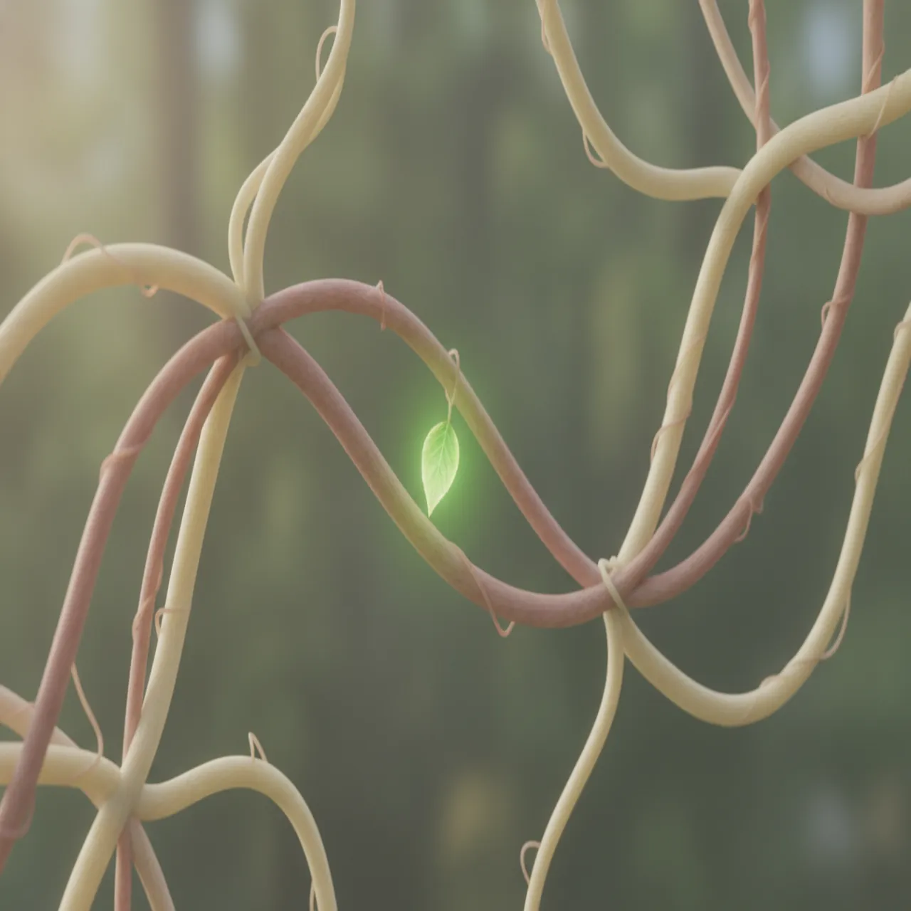 A botanical illustration of winding serpentine vines in cream and dusty rose against a sage-green background, with a single glowing green leaf at the center.