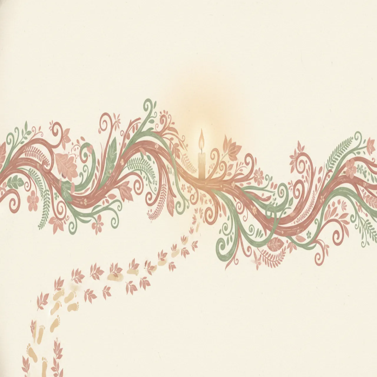 Botanical illustration of a trecena wave with candles, leaves, and a path.