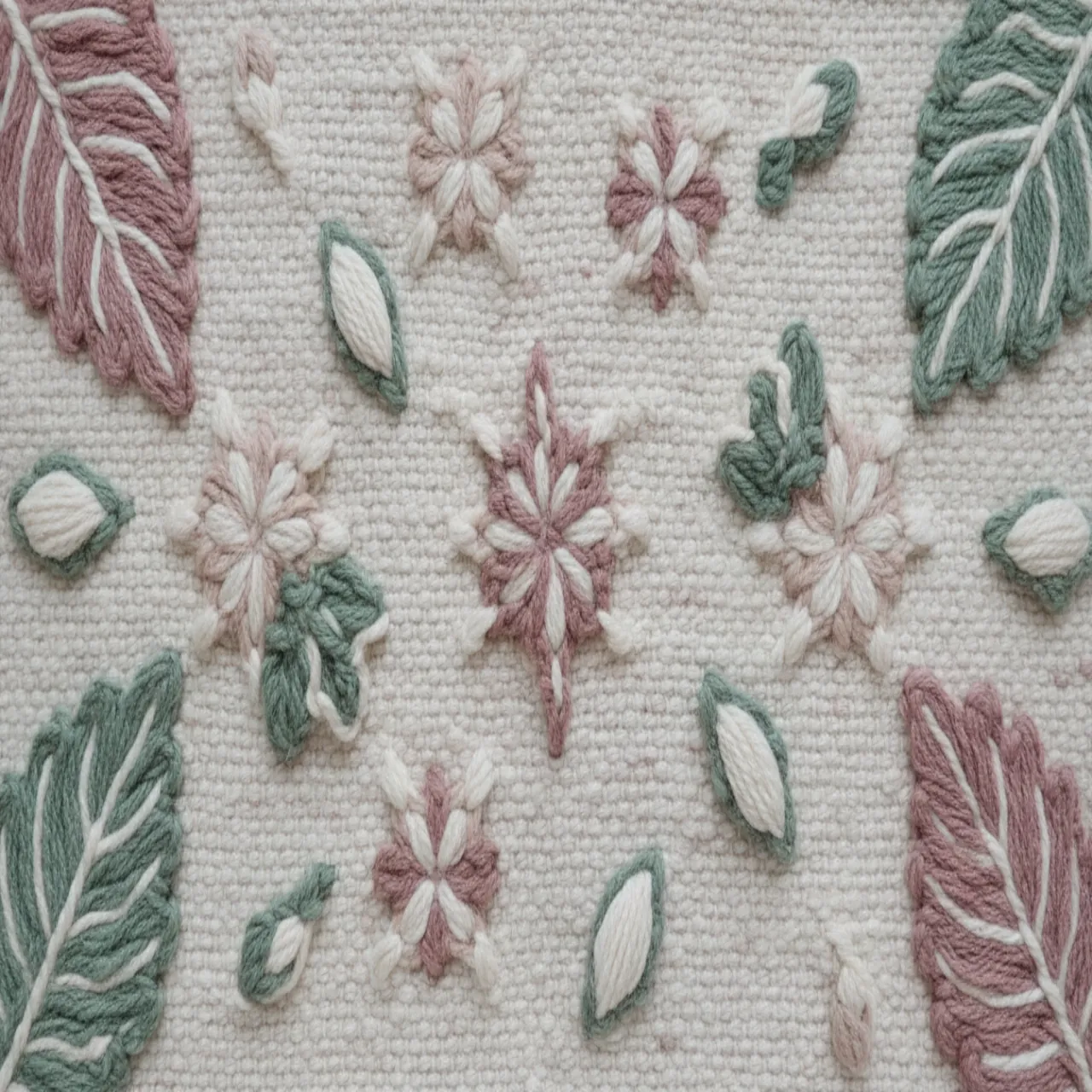 Macro detail of a cream, dusty rose, and sage woven textile with star and seed motifs, surrounded by soft green leaves